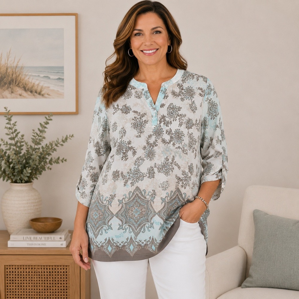 Chicos Sz 1 Floral Paisley Border‎ Tunic Top Sz M Roll Tab Sleeve Boho Coastal